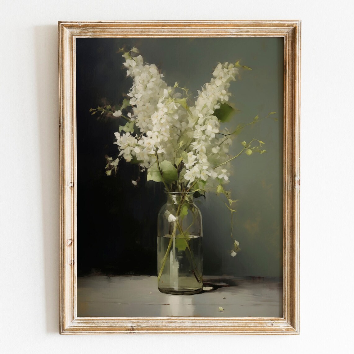 White Lilac Blossoms in Glass Vase Dark Moody Still Life Oil Print