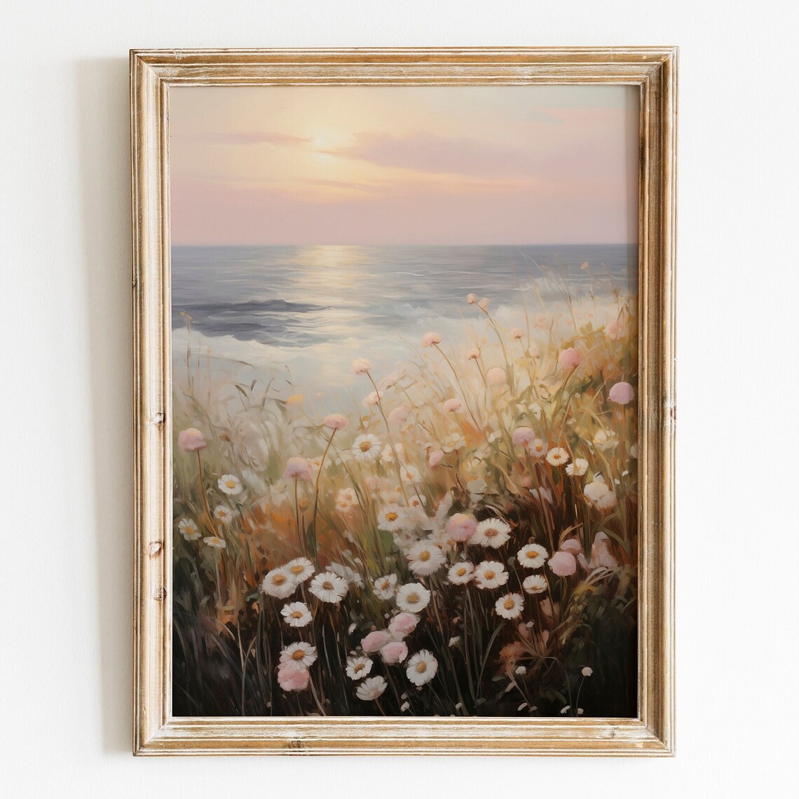 Pink Ocean Sunset With Daisy Wildflower Meadow In Foreground Poster