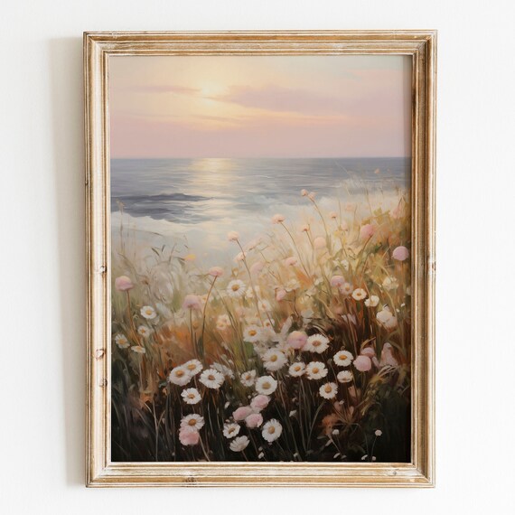 Pink Ocean Sunset With Daisy Wildflower Meadow In Foreground Poster