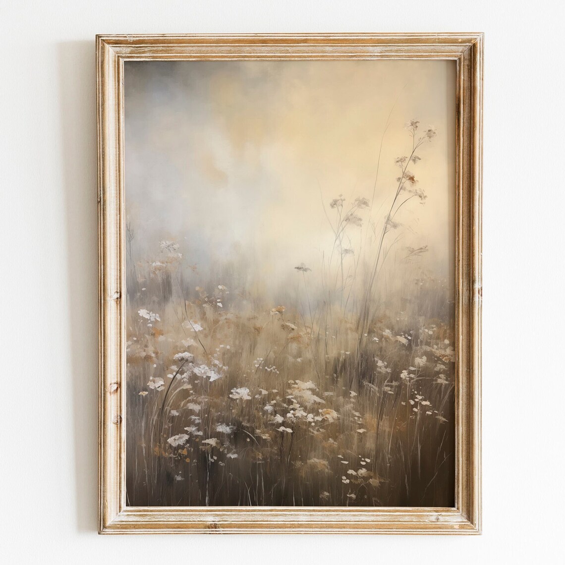 Misty Wildflower Field in Soft Beige Morning Tones Landscape Poster