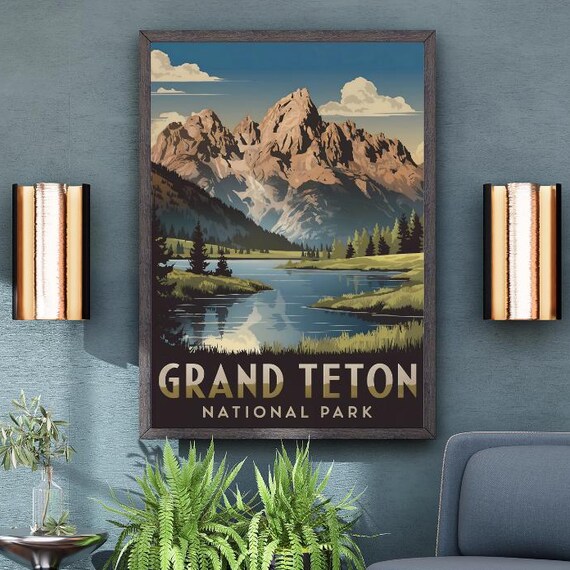 Grand Teton National Park Vintage Travel Poster Mountain Lake Scene