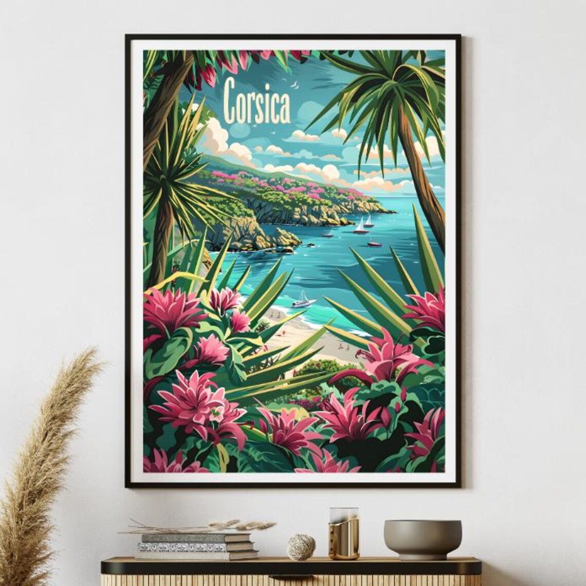 Corsica Tropical Cove Sailboats Flowers Retro Vintage Travel Poster