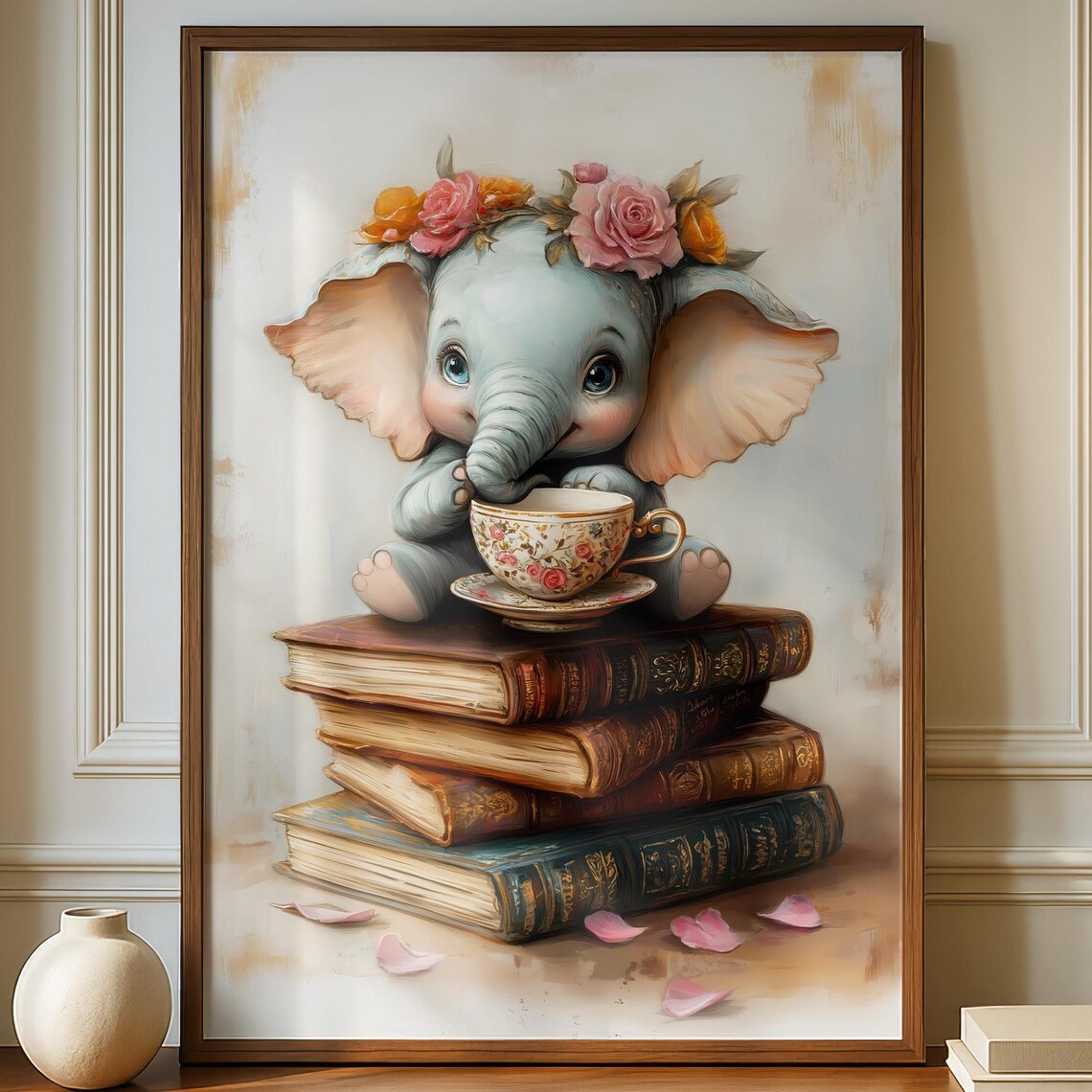 Cute Baby Elephant Flower Crown Teacup Books Whimsical Nursery Poster