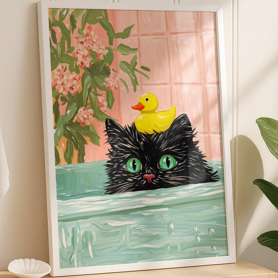 Funny Black Cat Bathtub Rubber Duck Pink Tiles Bathroom Wall Poster