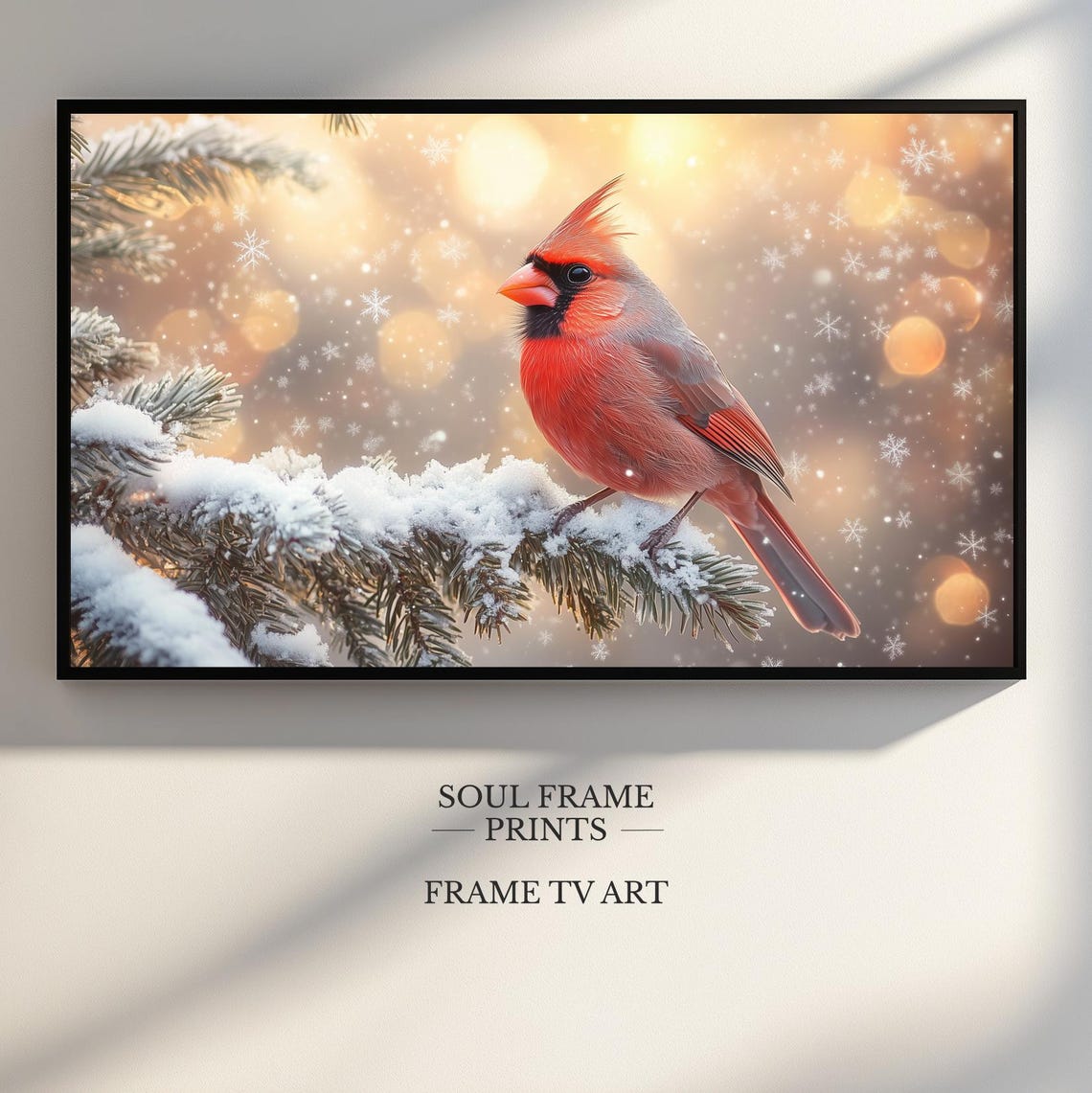Red Cardinal Winter Poster On Snowy Branch With Golden Snowfall