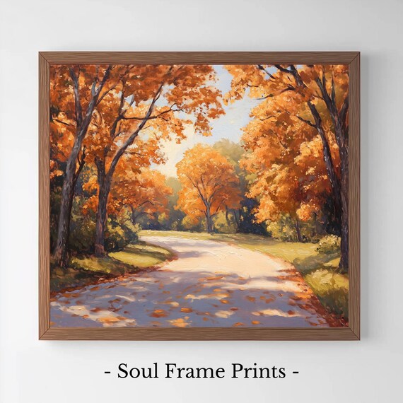 Autumn Country Road Winding Through Golden Orange Trees Painting Poster
