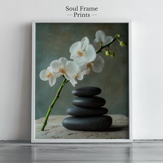Zen Orchid Wall Art White Phalaenopsis Flower And Stones Print Spa Bathroom Decor Minimalist Wellness Room Artwork 469