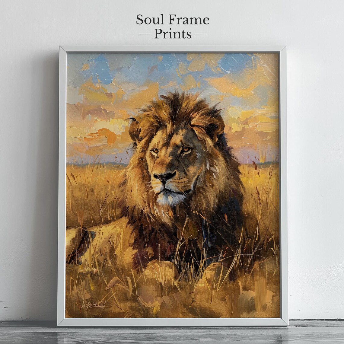 Male Lion in Golden Grasslands Sunset African Safari Art Poster