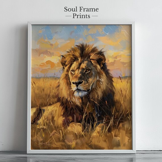 Majestic Lion Resting In Golden Grasslands Wildlife Art Rustic Nature Decor Safari Inspired Wall Painting 568