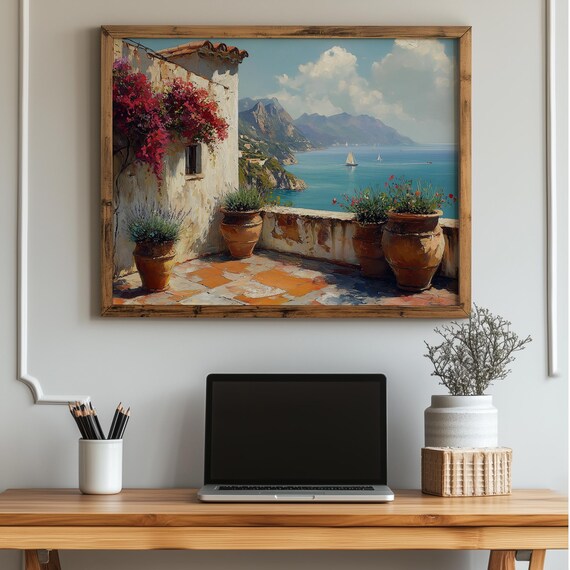 Mediterranean Terrace Coastal Painting Poster with Bougainvillea Sea View