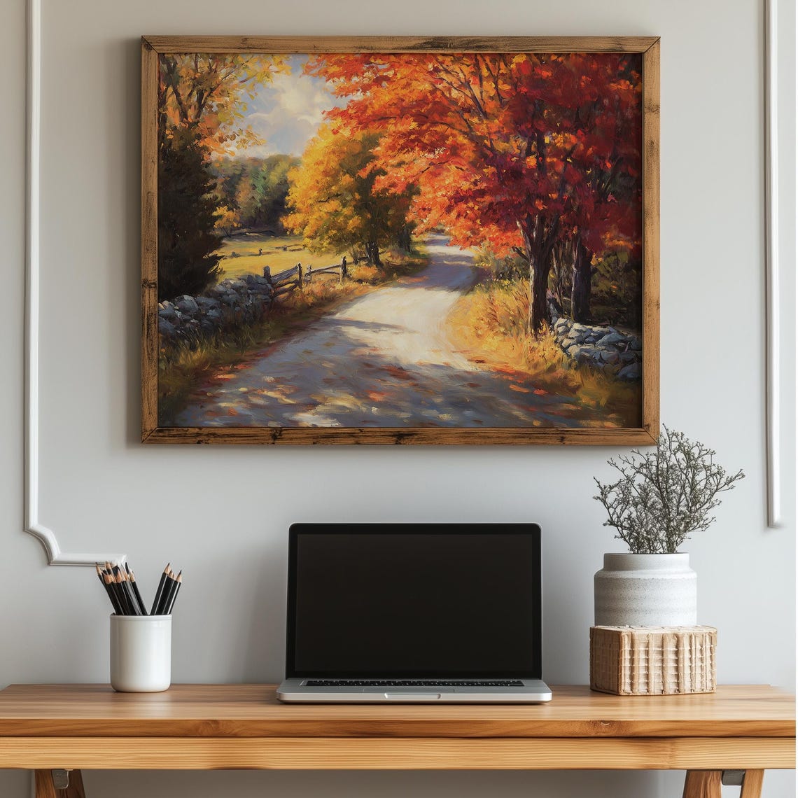 Fall Country Road Red Maples Stone Wall New England Autumn Poster