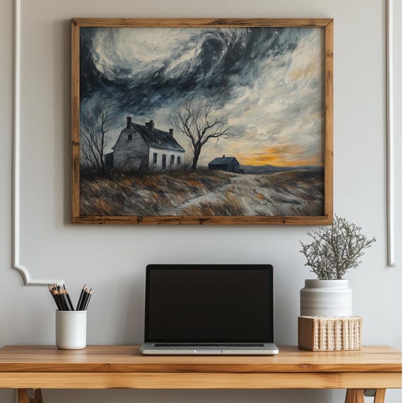 Stormy Farmhouse Print Vintage Landscape Wall Art Moody Rural Scene Painting For Rustic Country Decor 22