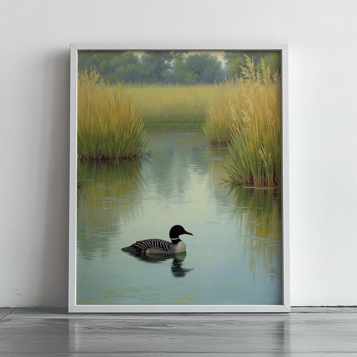 Common Loon Swimming Calm Wetland Pond Wildlife Painting Poster