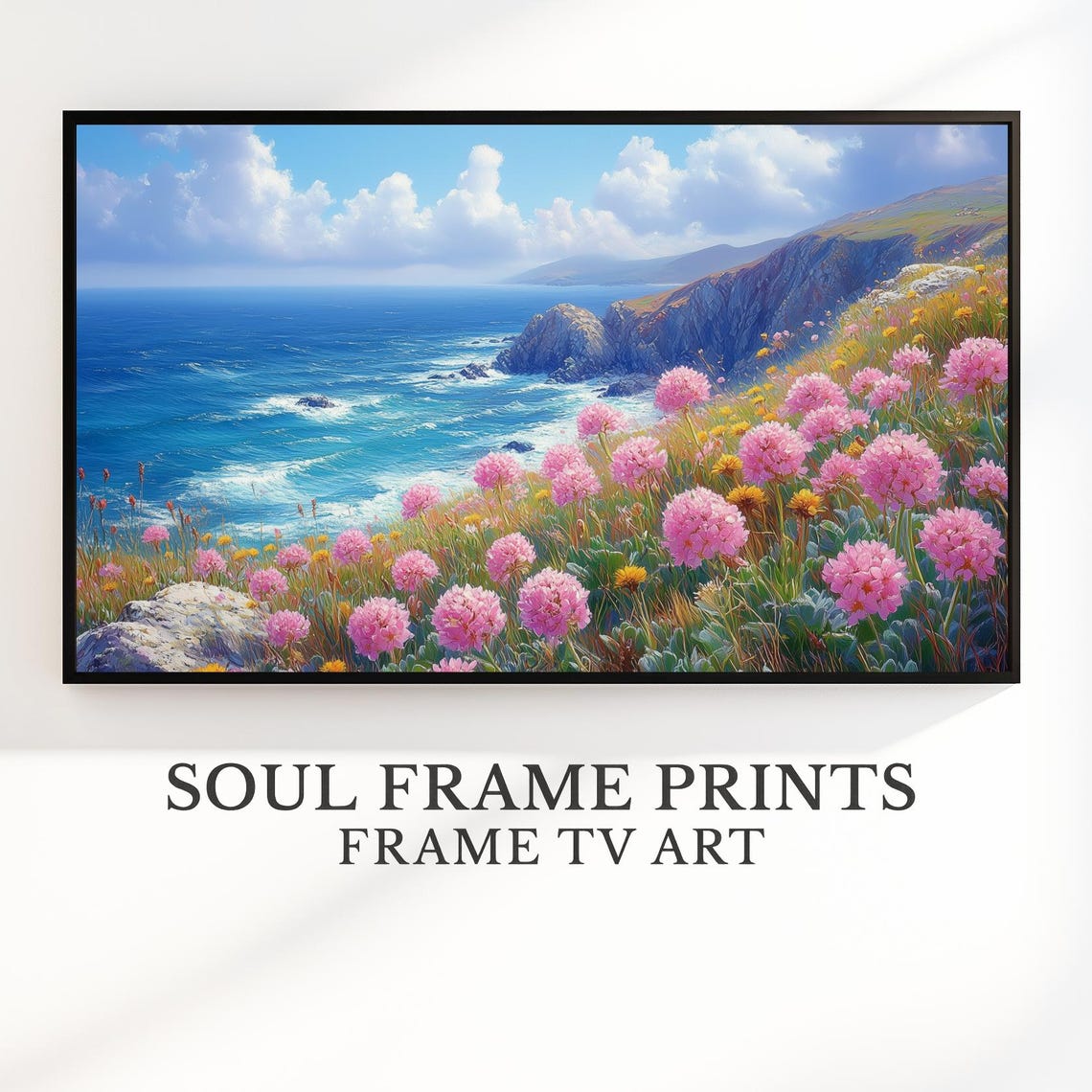 Rocky Coastline Pink Wildflowers Blue Ocean Scenic Frame TV Art Print