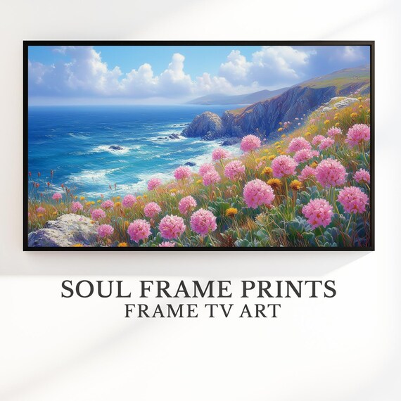 Rocky Coastline Pink Wildflowers Blue Ocean Scenic Frame TV Art Print