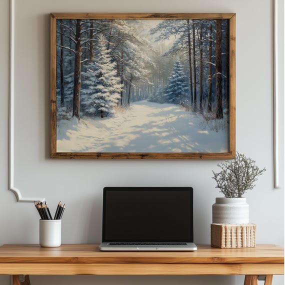 Winter Forest Print Snowy Pine Tree Wall Art Realistic Landscape Painting Cozy Cabin Decor For Holiday Home 12
