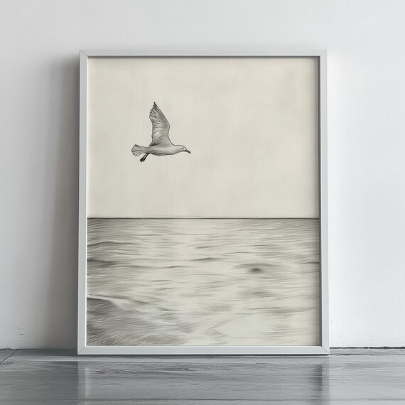 Minimalist Seagull In Flight Over Ocean Pencil Sketch Wall Poster