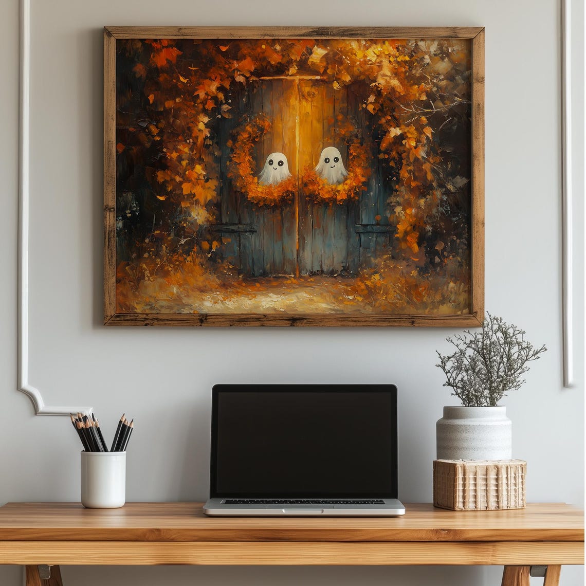 Wall Art Fall Halloween Barn Door Decor Rustic Autumn Print Cozy Farmhouse Pumpkin Witchy Vintage Painting 36