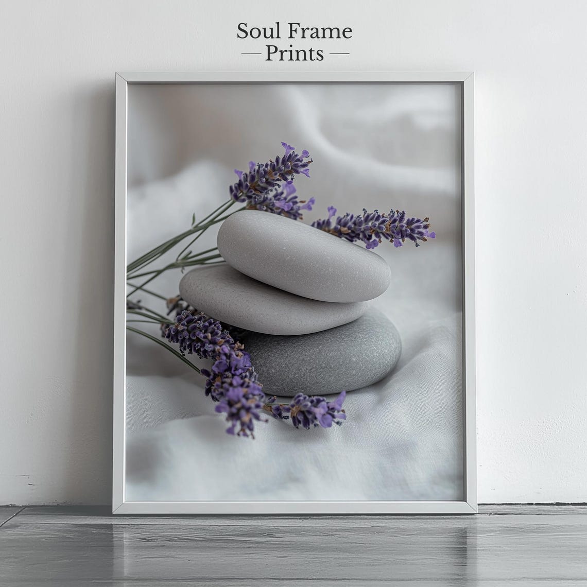 Soothing Stacked Spa Stones With Lavender on White Linen Art Print