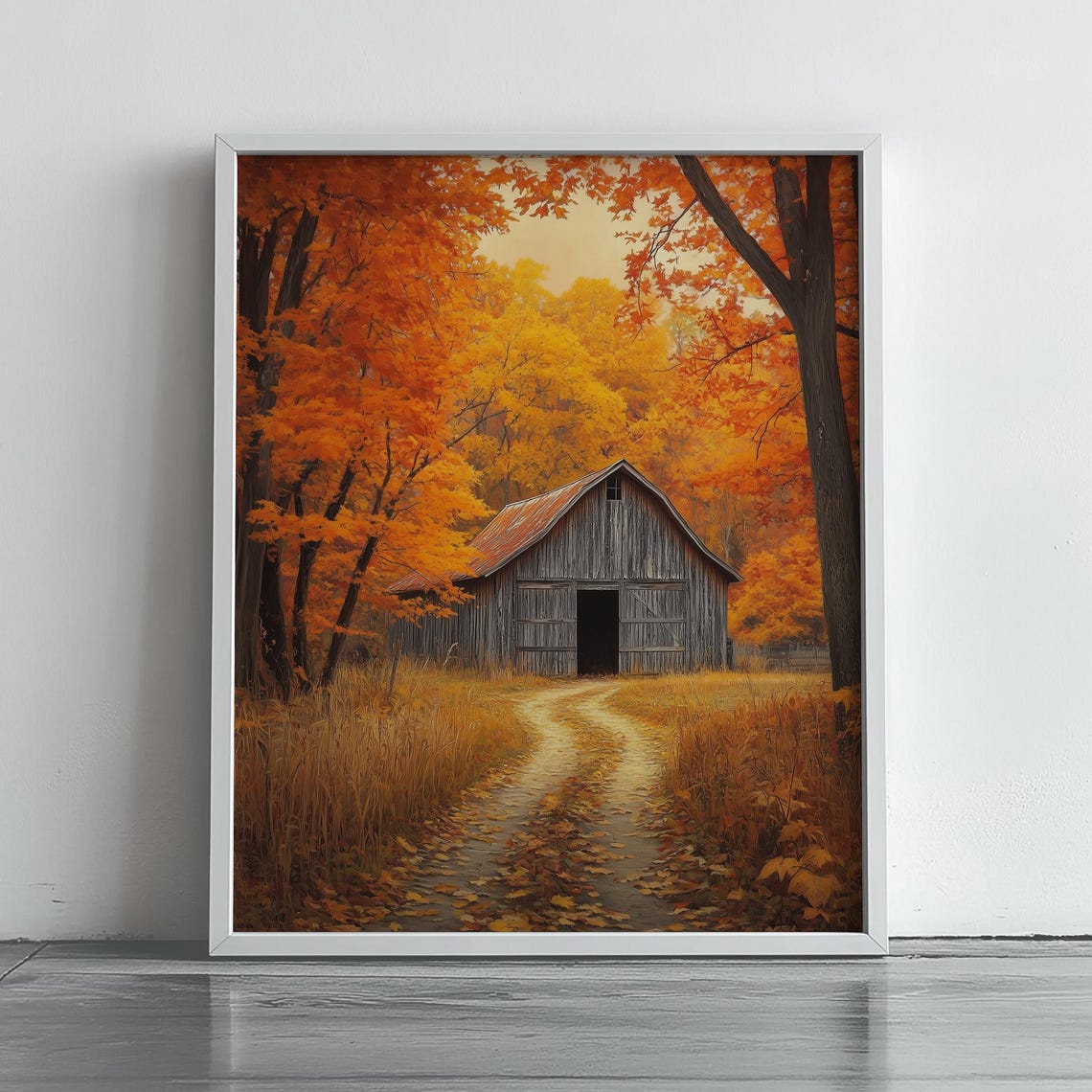 Rustic Barn At The End Of Autumn Path In Golden Fall Foliage Poster