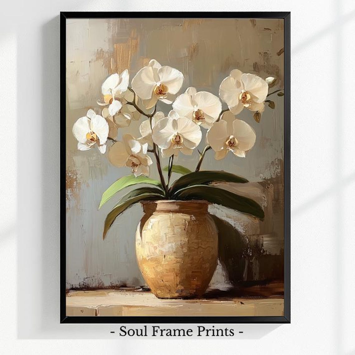 White Orchid Blooms in a Clay Vase Elegant Botanical Still Life Poster