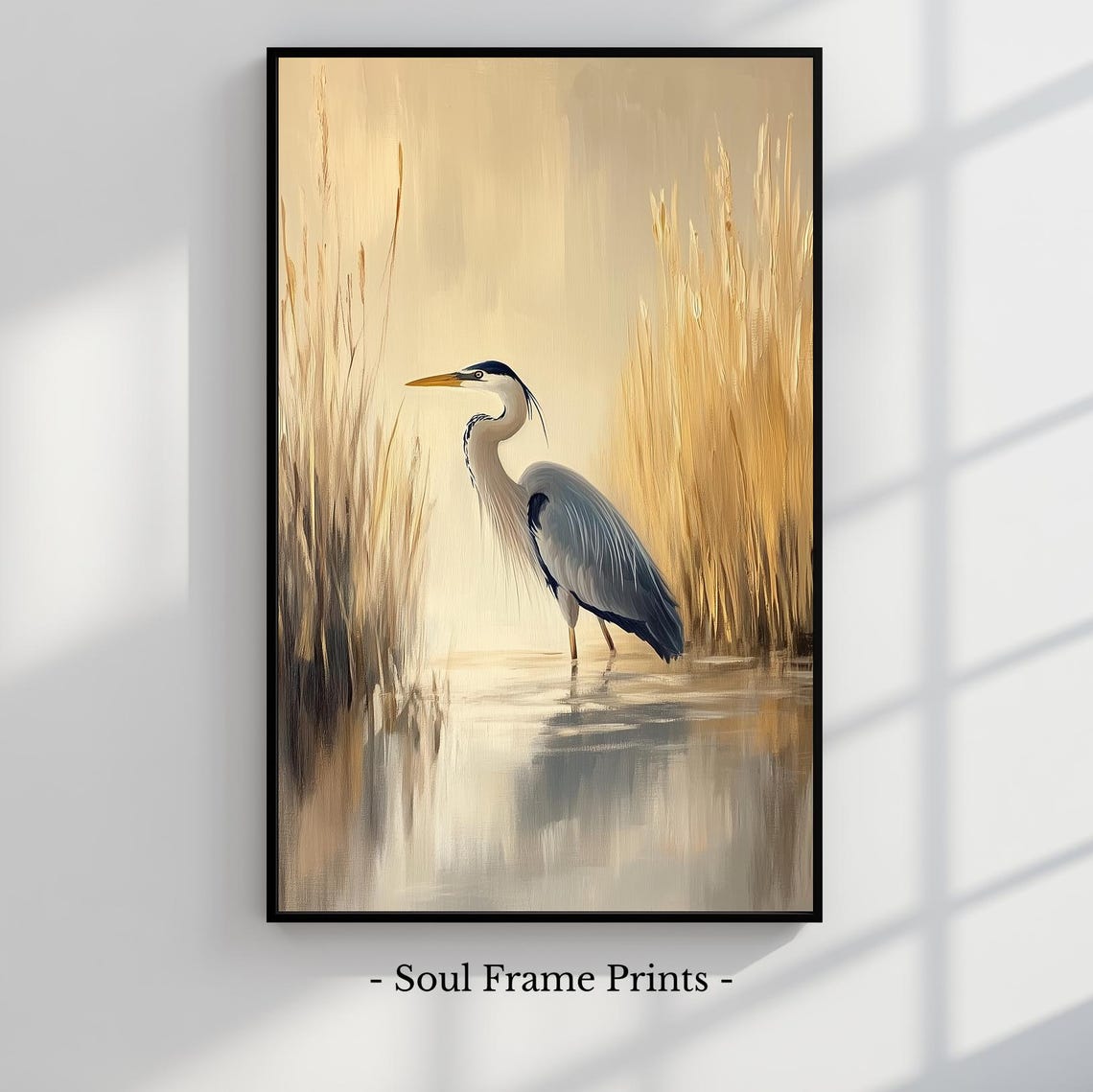 Great Blue Heron Wading Through Golden Marsh Reeds Painting Poster