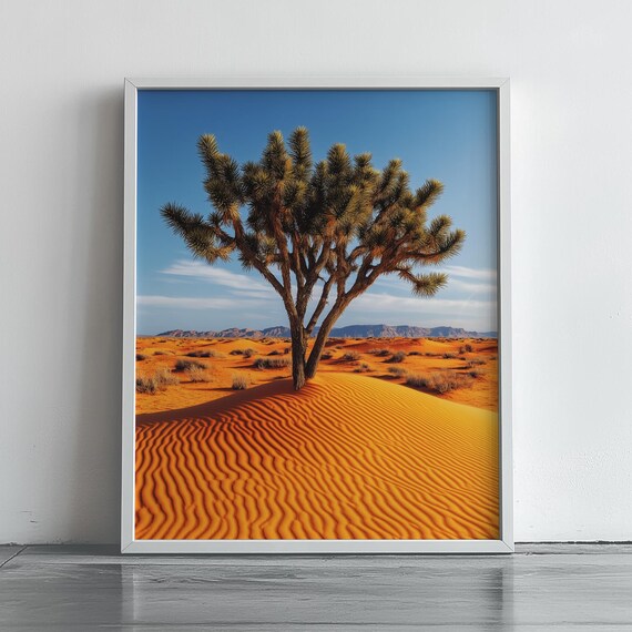 Lone Joshua Tree Orange Desert Dunes Blue Sky Southwest Art Poster