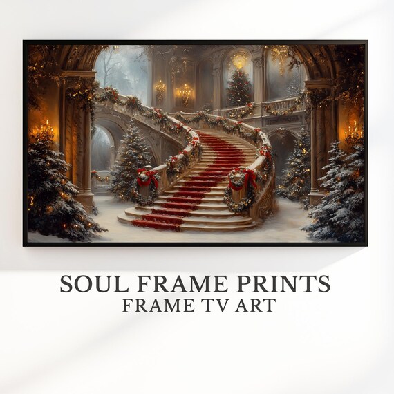 Grand Christmas Staircase Red Carpet Garland Holiday Mansion Art Poster