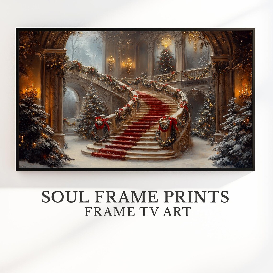 Grand Christmas Staircase Red Carpet Garland Holiday Mansion Art Poster