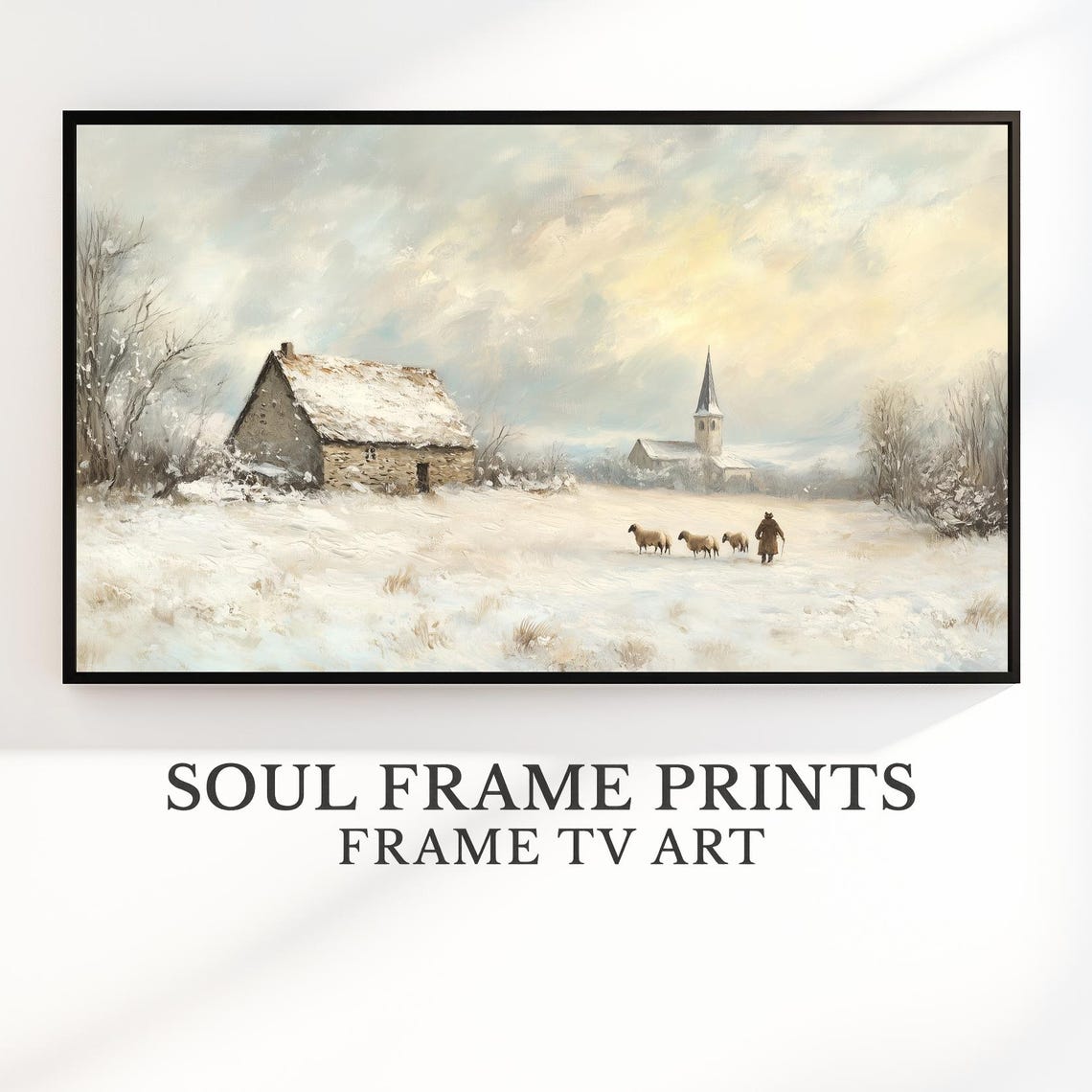 Winter Barn and Shepherd with Sheep in Snowy Countryside Poster