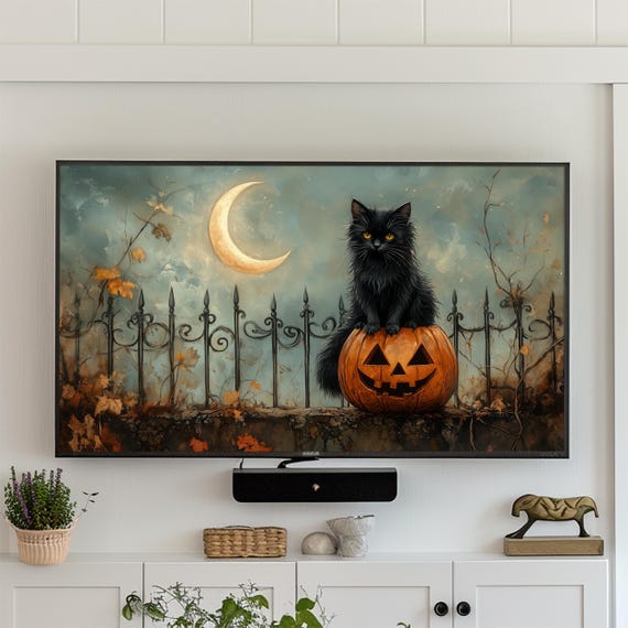 Black Cat Halloween Wall Frame Art Jack O Lantern Gothic Fall Decor Crescent Moon Print Spooky Vintage Illustration 3