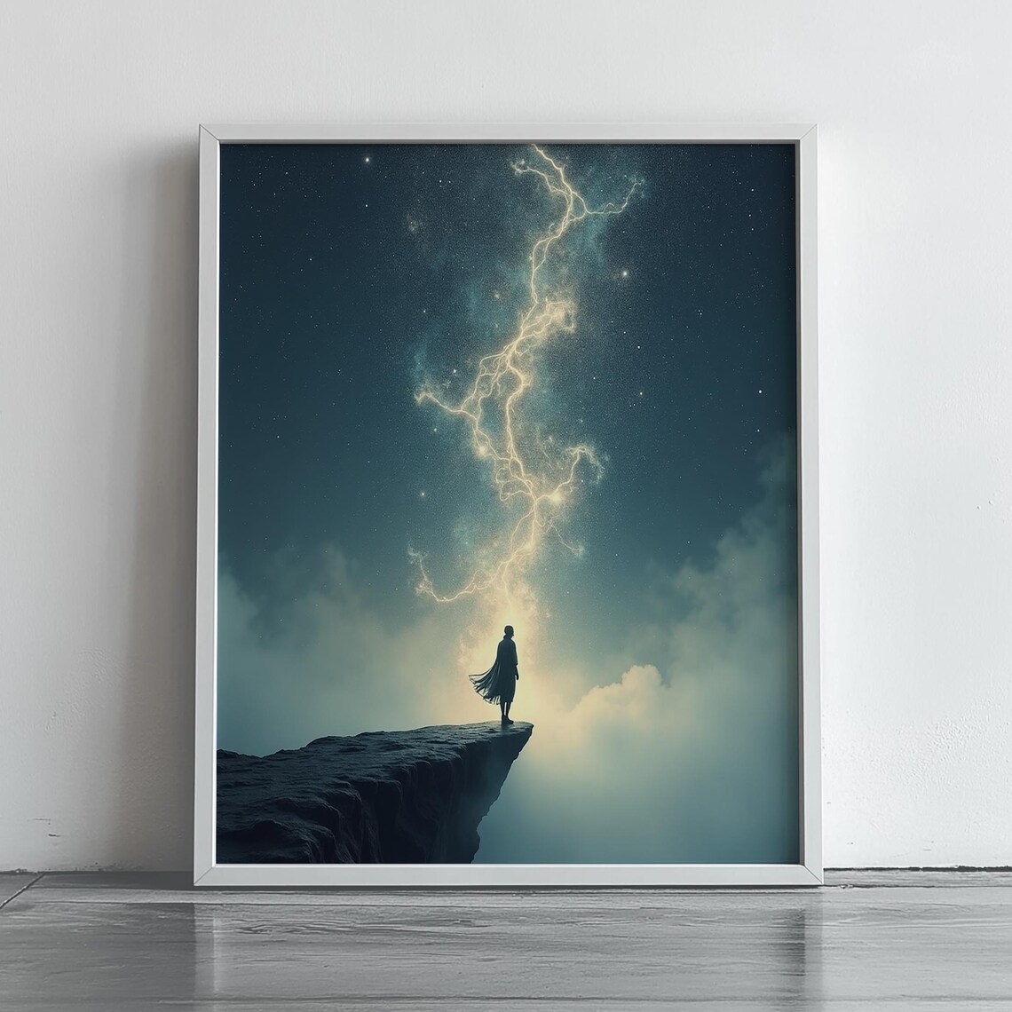 Mystical Cloaked Figure Cliff Edge Cosmic Lightning Night Sky Art Print