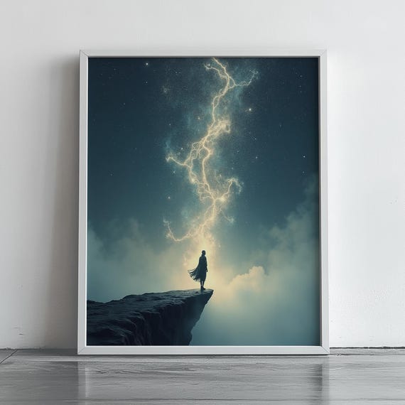 Mystical Cliff Edge Wall Art Fantasy Print Cosmic Scene With Cloaked Figure Surreal Night Sky Decor Ethereal Artwork