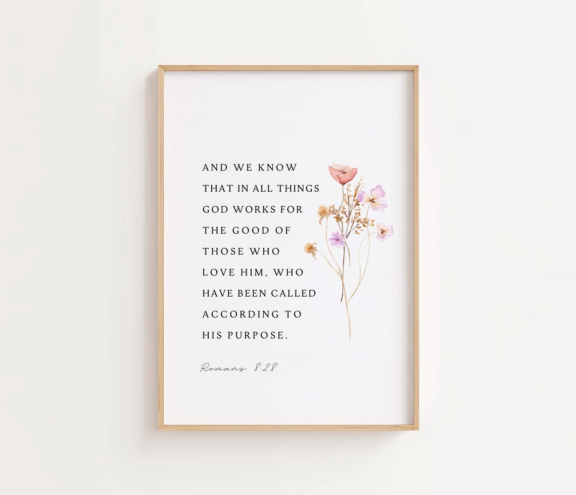 Romans 828 God Works For Good Bible Verse Floral Watercolor Wall Art