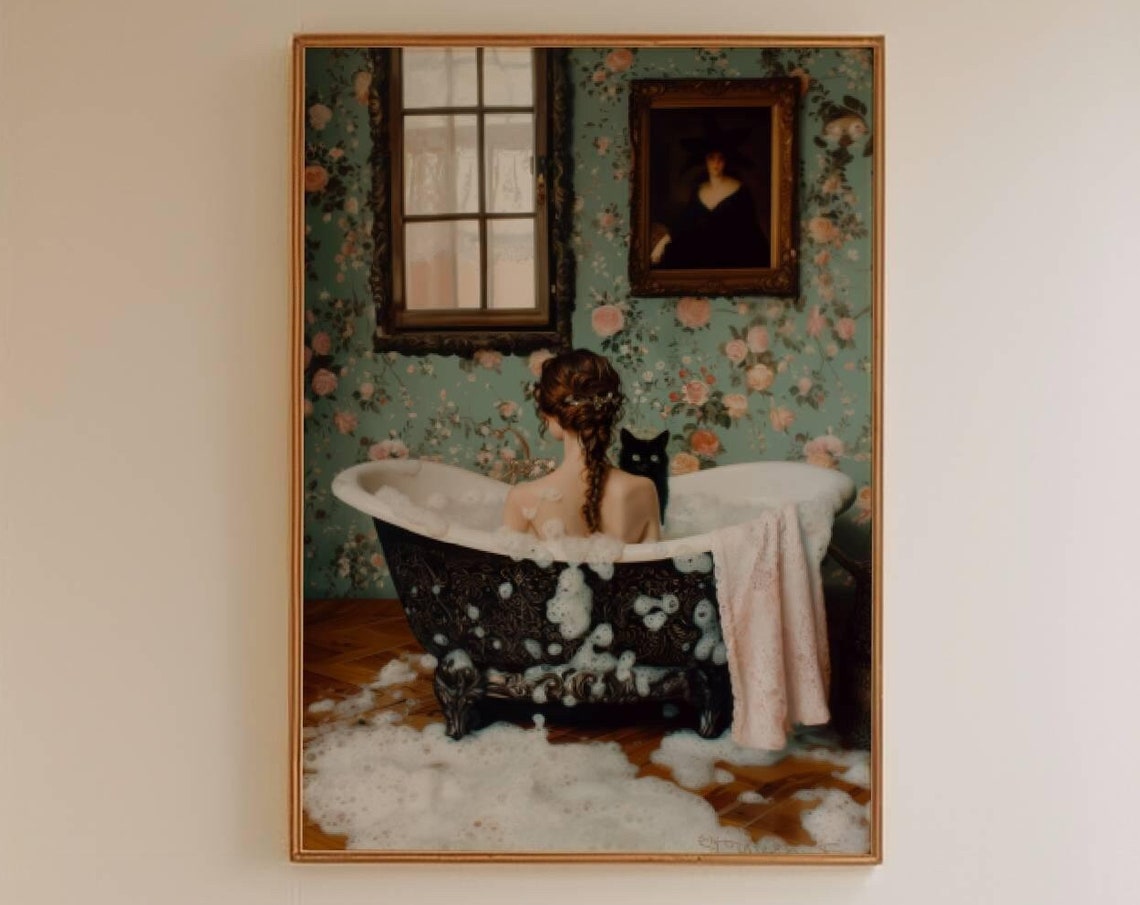 Woman in a Bubble Bath With a Black Cat Vintage Bathroom Poster