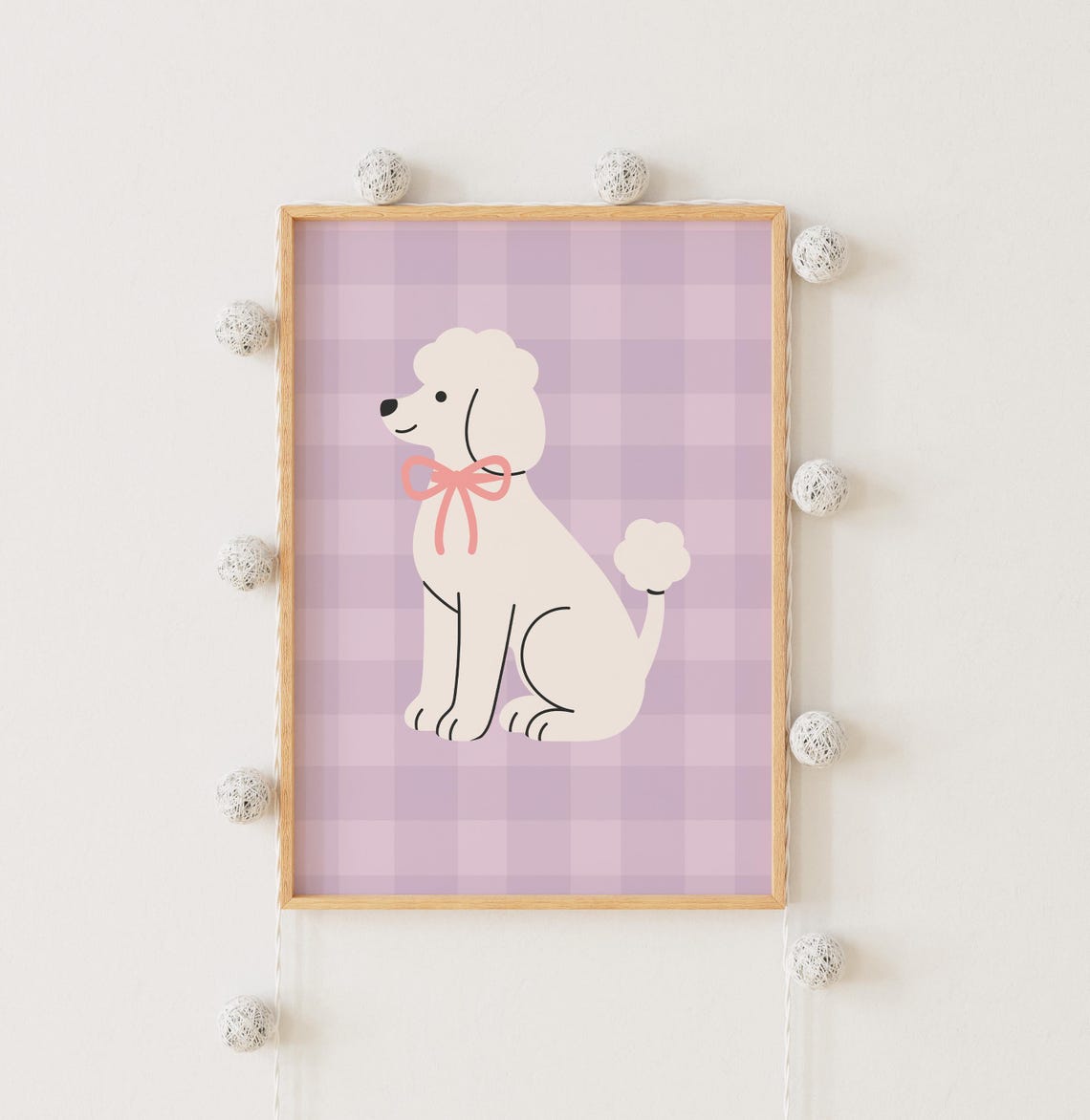 White Poodle Pink Bow Lavender Gingham Cute Dog Art Wall Poster