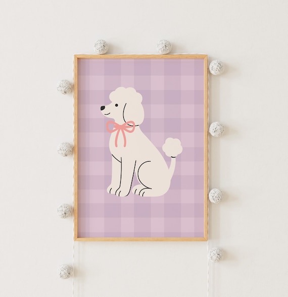 White Poodle Pink Bow Lavender Gingham Cute Dog Art Wall Poster