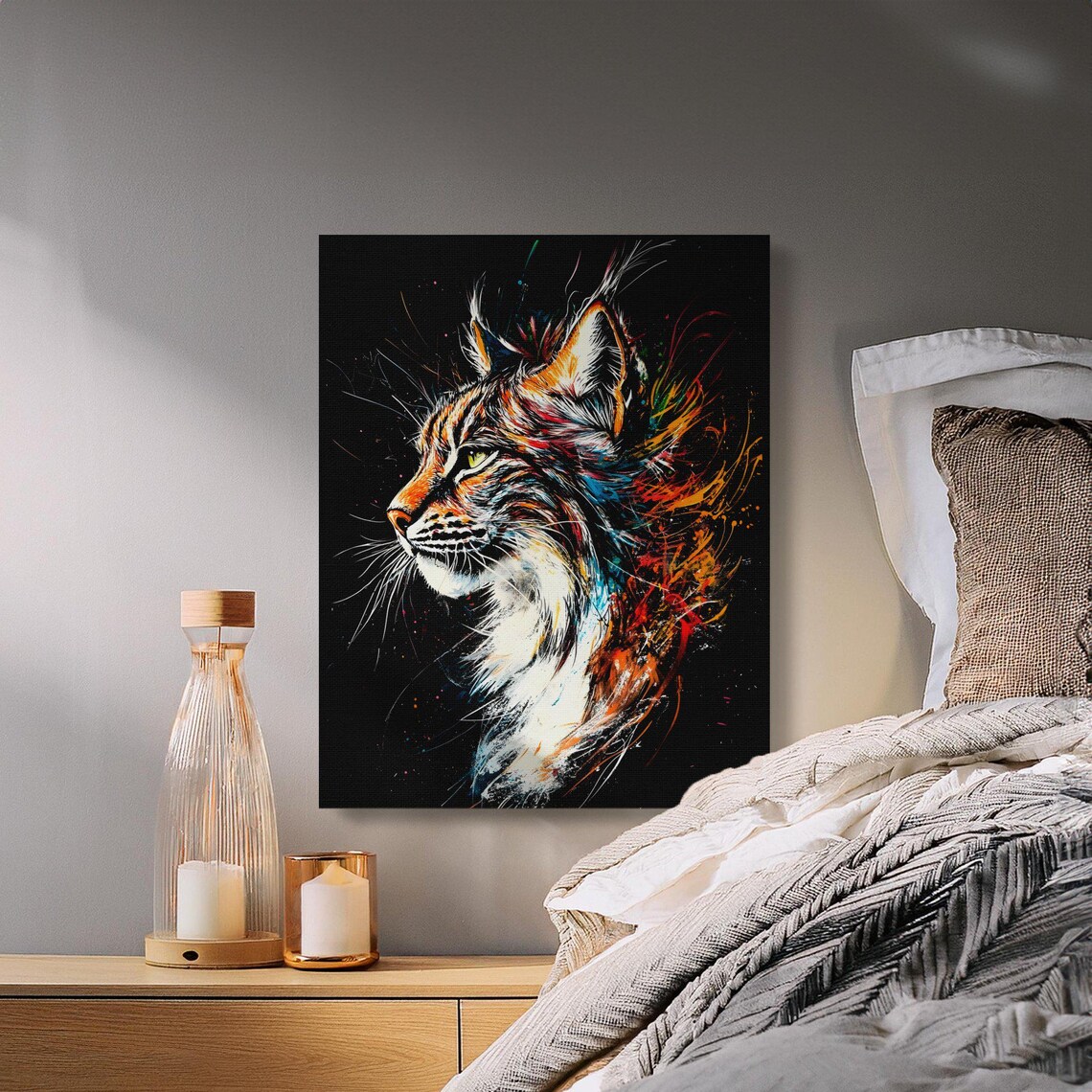 Wild Lynx Head Side View Teal Splash Black Canvas Wild Cat Wall Art - Image 2