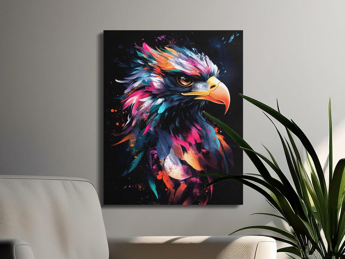Majestic Eagle Portrait Pink and Teal Splash Black Canvas Poster - Image 3