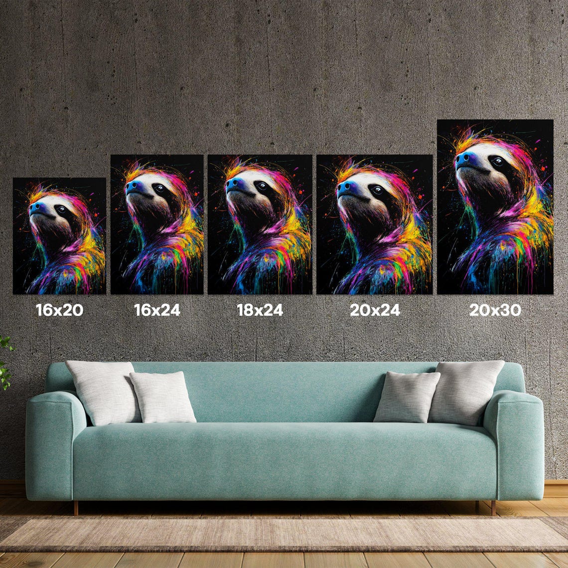 Dreamy Sloth Looking Up Rainbow Paint Splash Black Canvas Poster - Image 5