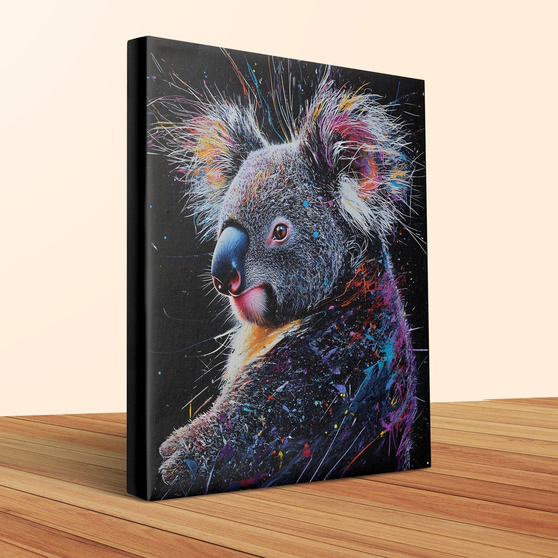 Playful Koala Side Profile Splash Art Black Canvas Animal Wall Art