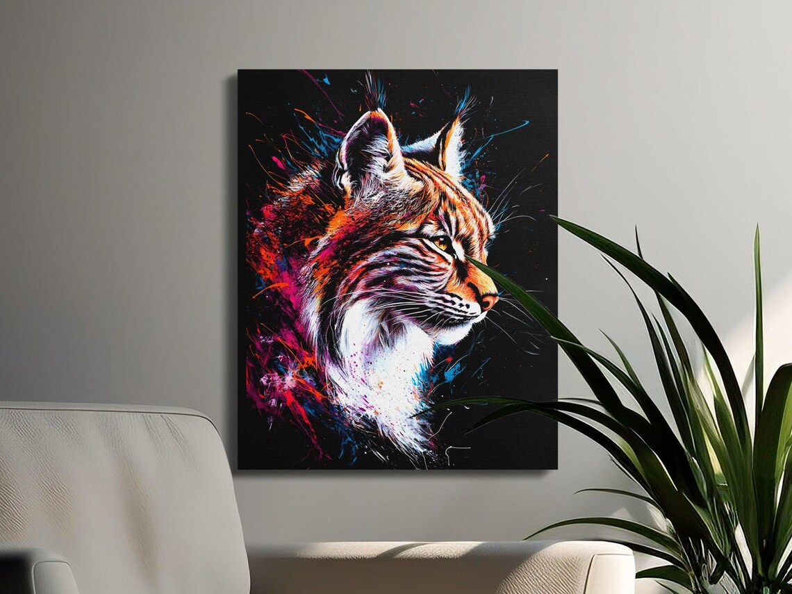 Wild Lynx Profile Magenta Splash Art Black Canvas Big Cat Wall Art - Image 3
