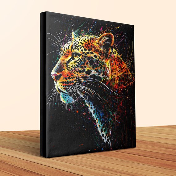 Vibrant Leopard Head Profile Black Canvas Wildlife Art Poster