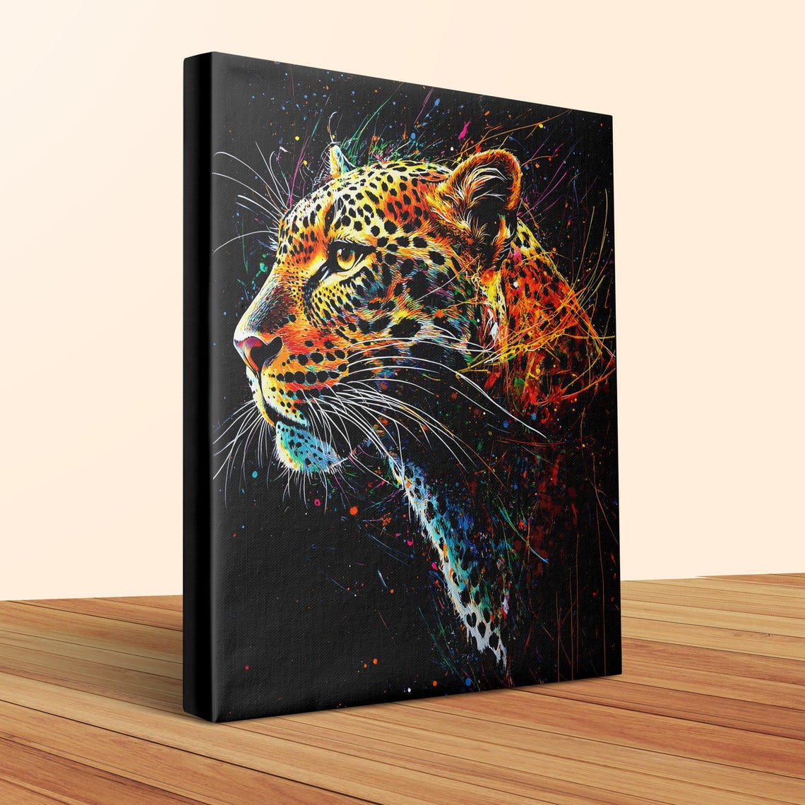 Vibrant Leopard Head Profile Black Canvas Wildlife Art Poster