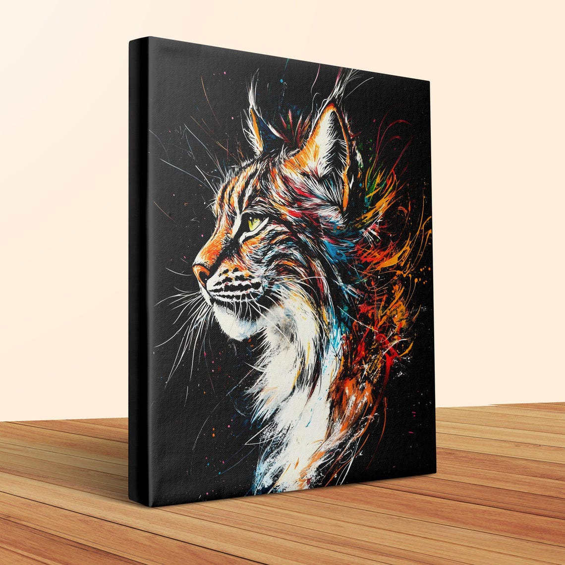 Wild Lynx Head Side View Teal Splash Black Canvas Wild Cat Wall Art