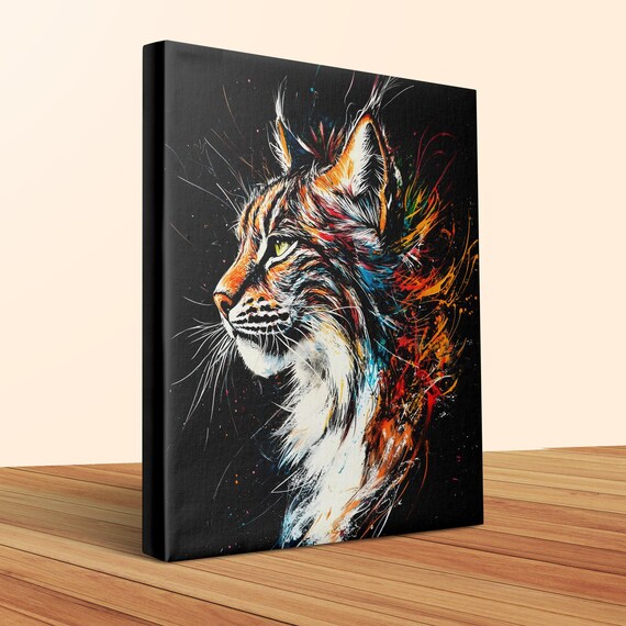 Wild Lynx Head Side View Teal Splash Black Canvas Wild Cat Wall Art