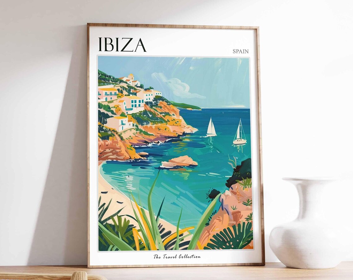 Ibiza Spain Cliffside Village Sailboats Turquoise Sea Travel Poster