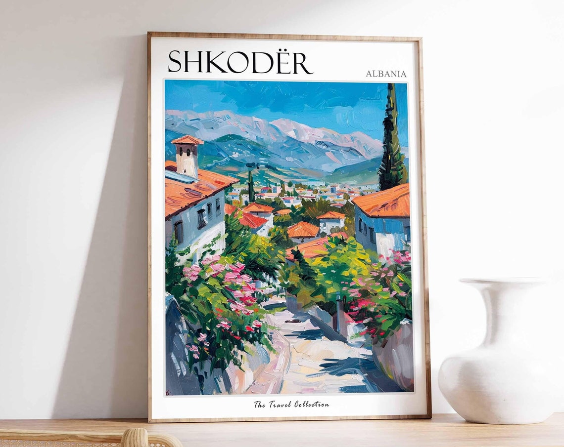 Shkoder Albania Old Town Street Pink Flowers Mountain Backdrop Poster