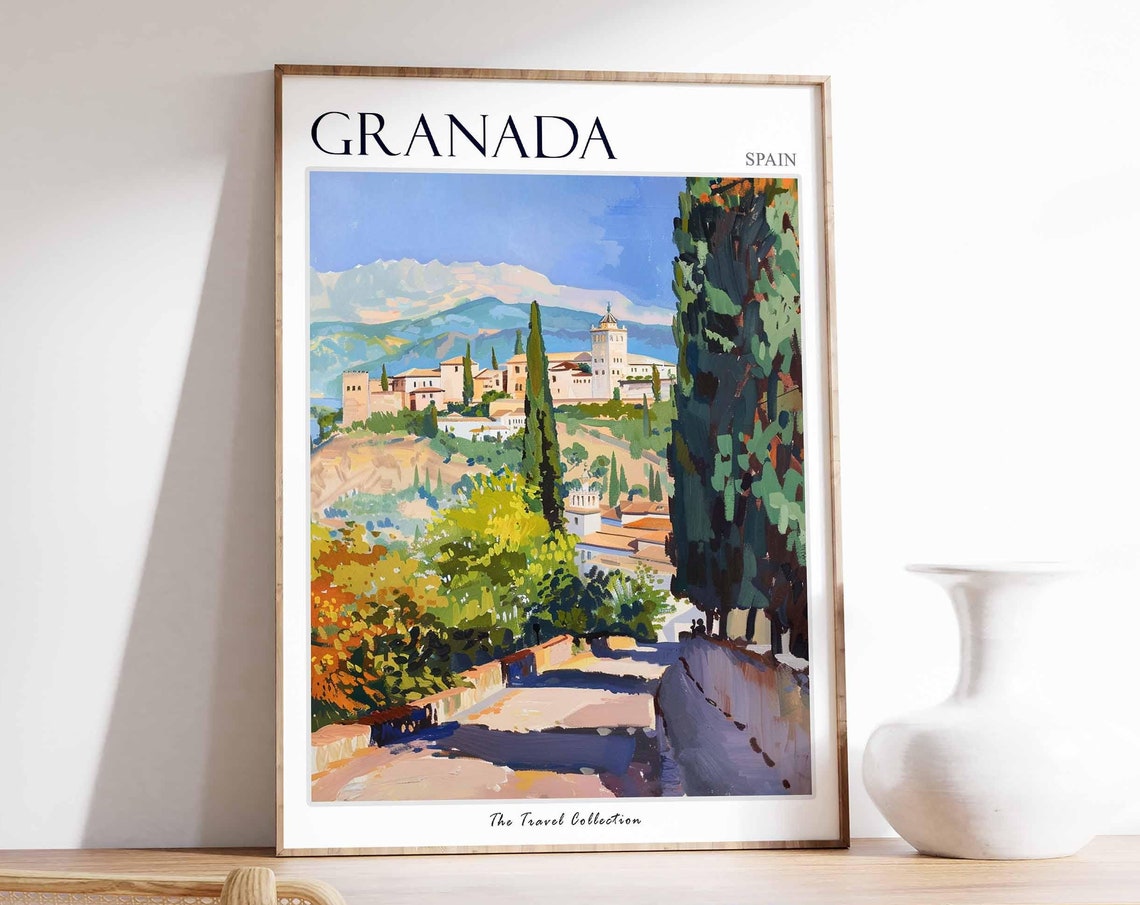 Granada Spain Alhambra Palace Cypress Trees Mountain View Poster