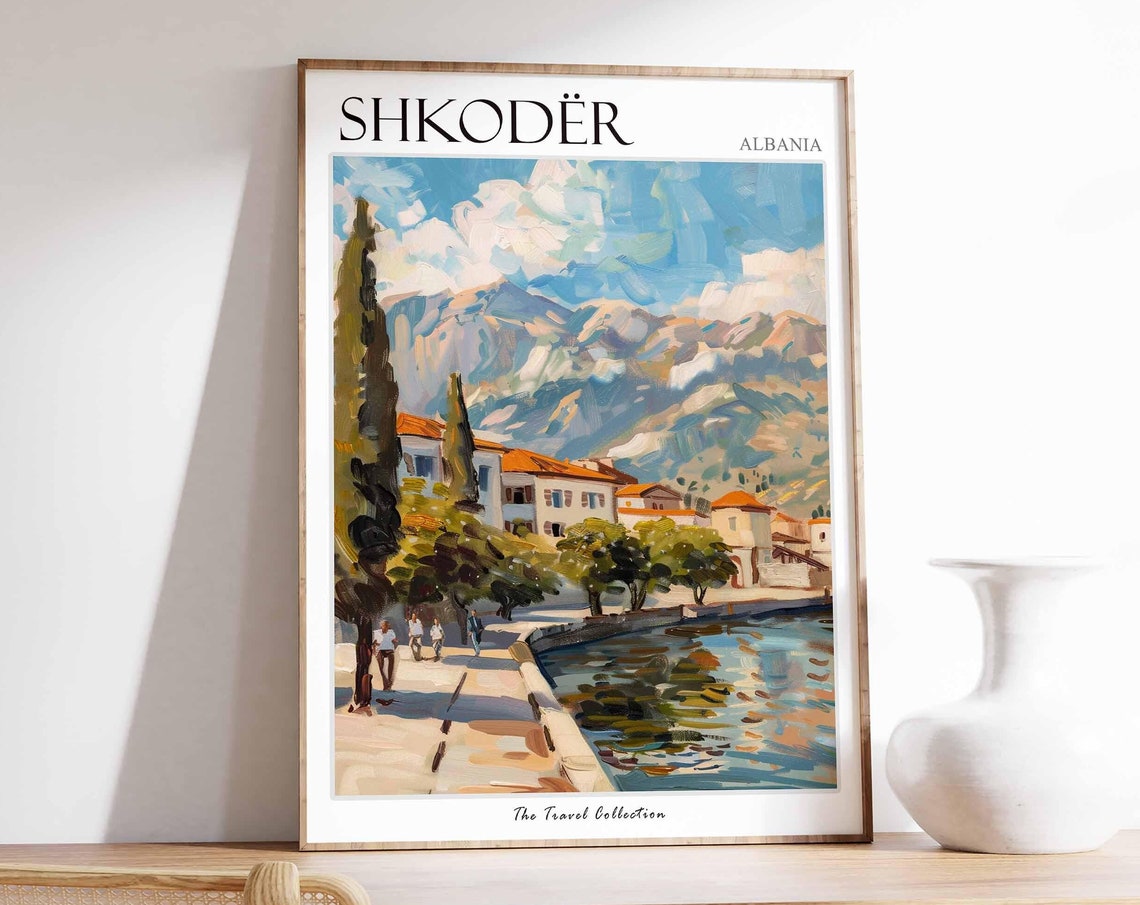 Shkoder Albania Mountain Lake Travel Poster Balkan Cityscape Art